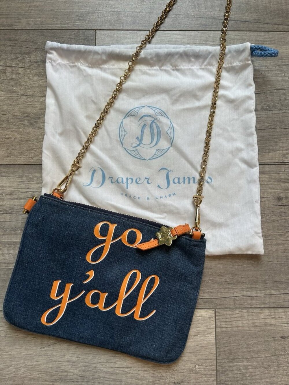 Draper James Purse Orange Blue Denim 'Go Y'all' Clutch Bag UT Tennessee Auburn - Picture 2 of 14